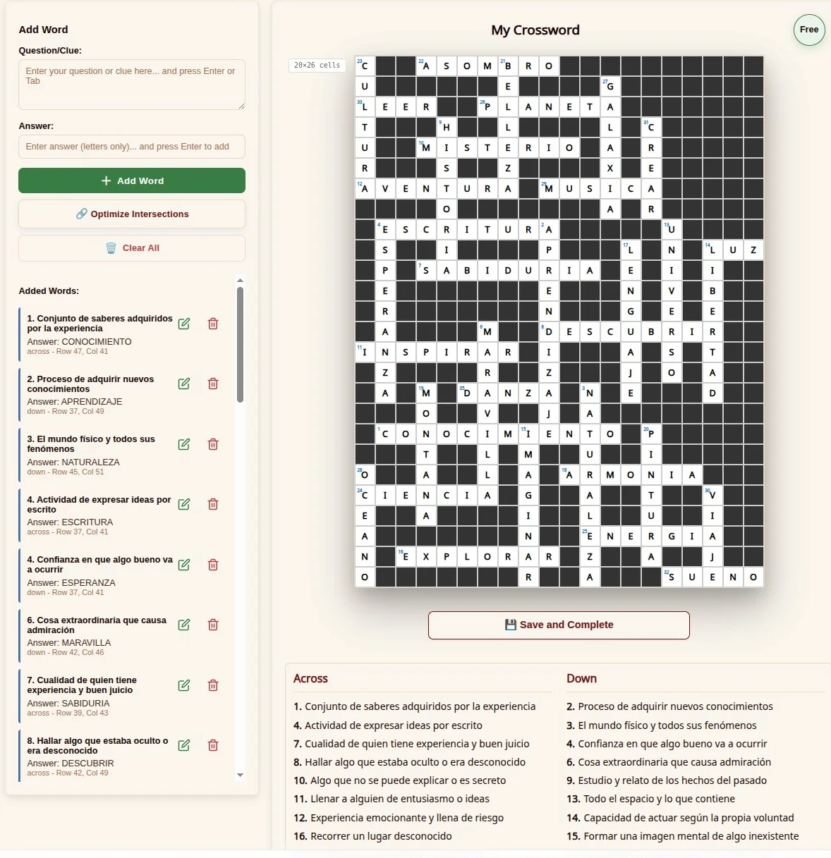 Creating a crossword in Spanish — the custom editor works in any language